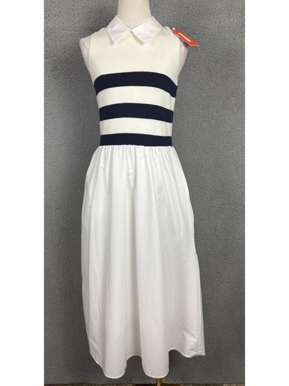 Women's White & Navy Striped Marina Midi Dress Collared Neckline Size Small NWTs